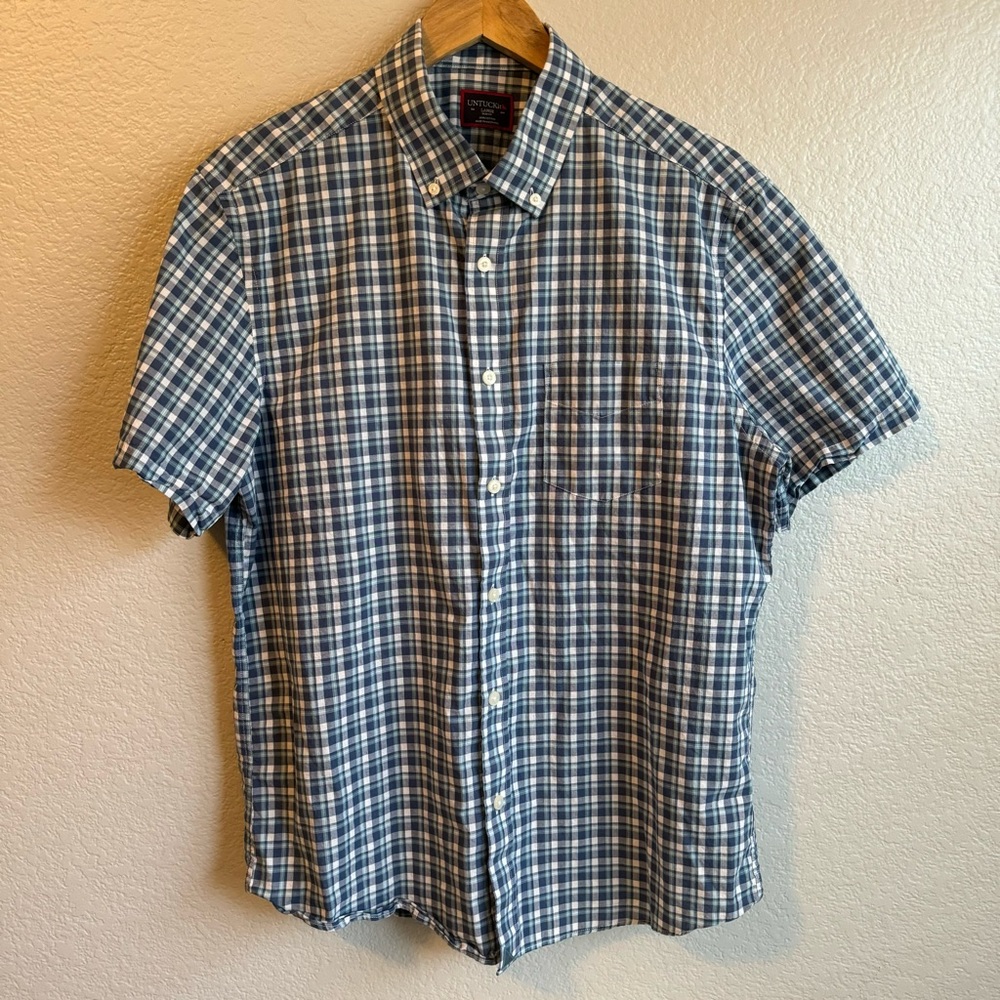Men’s Untuckit Slim Fit Blue Plaid Square Short Sleeve Button Front Shirt Size L